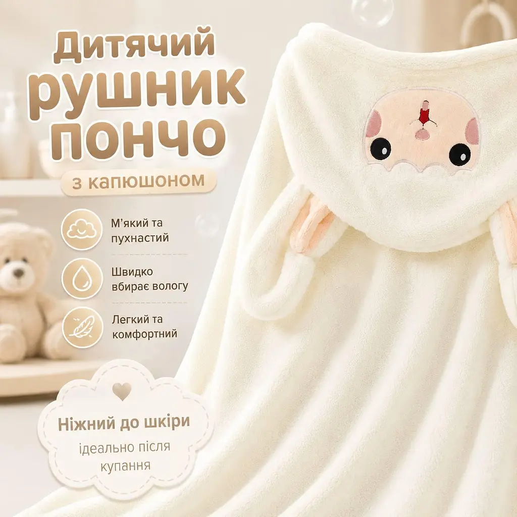 Рушник-пончо дитячий з капюшоном у формі барашка 140×70 - фото 2