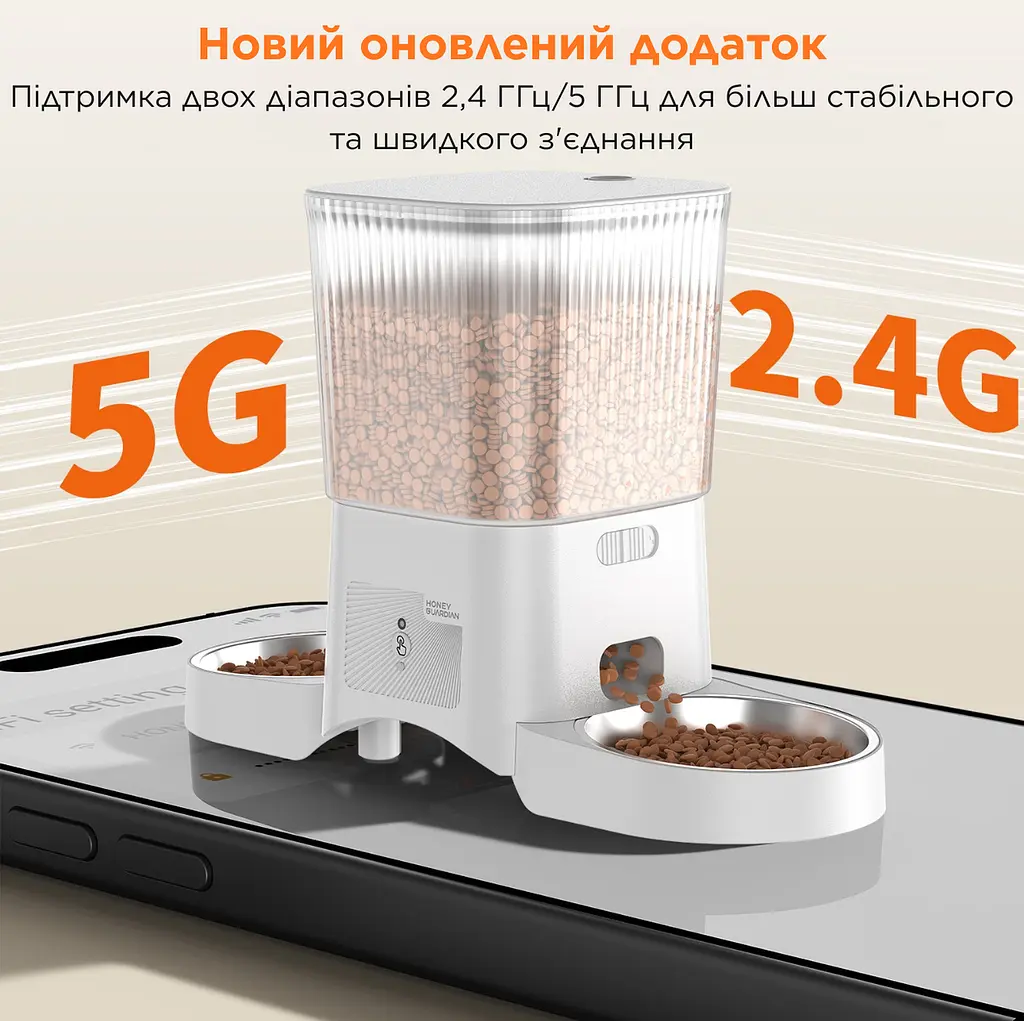 Автоматична годівниця для котів HoneyGuardian S25D 3,5 л Wi-Fi з двома мисками, Білий - фото 6