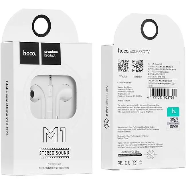 HF Hoco M1 Apple White + mic + button call answering + volume control - фото 2