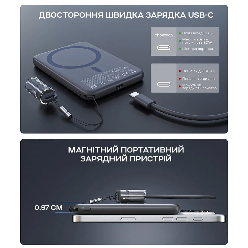 Повербанк 5000mAh Choetech B861 Grey 20W QC3.0 PD3.0 бездротова магнітна зарядка MagSafe (43-00167) - фото 8