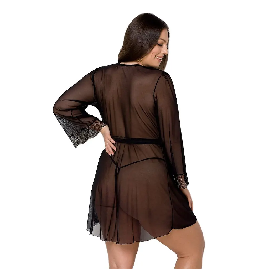 Пеньюар Passion AMBERLY PEIGNOIR 6XL/7XL, black, ажурні декольте та манжети, широкі рукави - фото 2