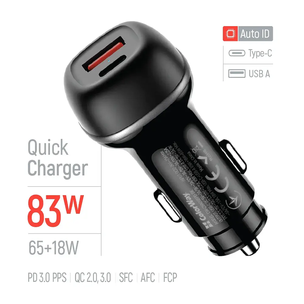 Зарядний пристрій ColorWay USB-C PD65W + USB QC3.0 car adapter (CW-CHA068PD-BK) - фото 6