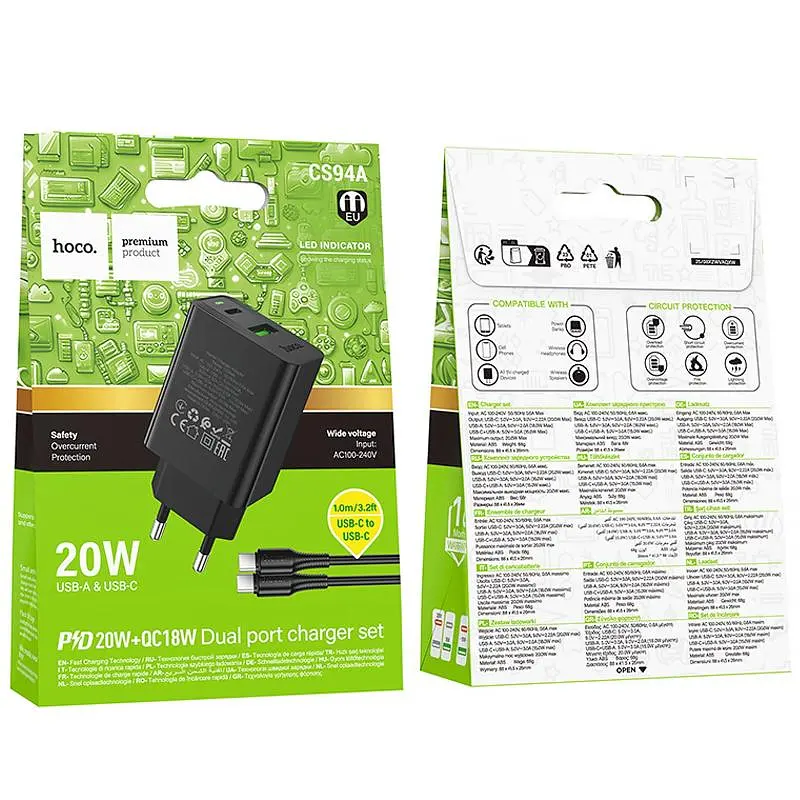 МЗП Hoco CS94A Leader PD20W+QC3.0 (1USB-A/1C) + кабель Type-C to Type-C Black - фото 2