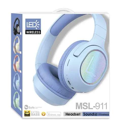 Бездротові навушники MSL-911 Bluetooth повнорозмірні HI-FI звук Extra Bass LED підсвічування блакитний - фото 2