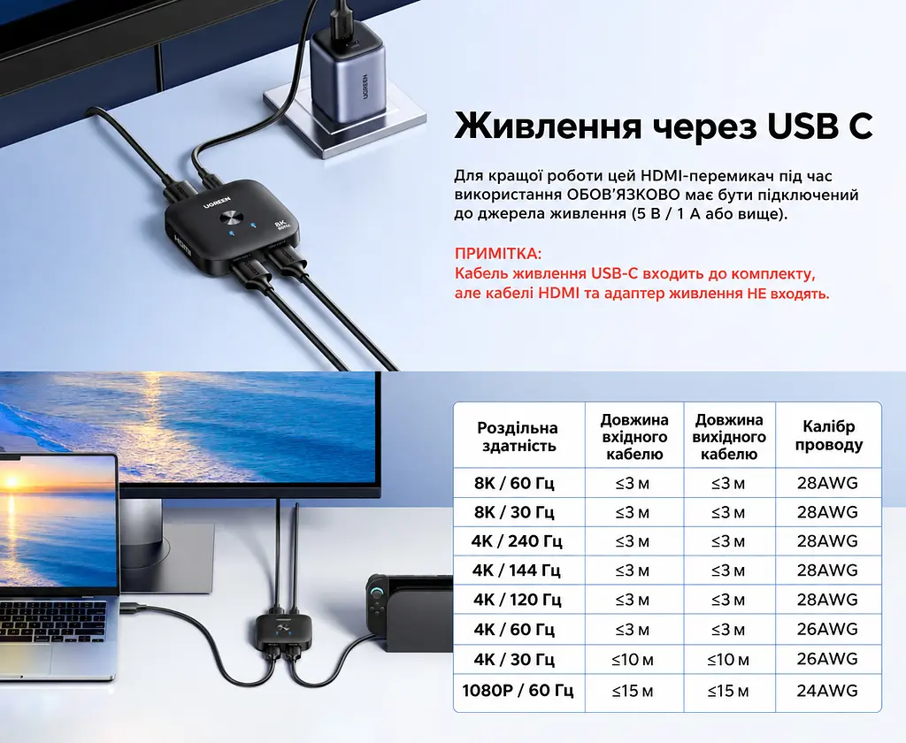 Перемикач HDMI 2.1 UGREEN AW700 комутатор 2 входи 1 вихід 8K 60 Гц 4K 240 Гц 4K 120 Гц 2K 240 Гц 1080p 360 Гц 1080p 240 Гц чорний (65877) - фото 3
