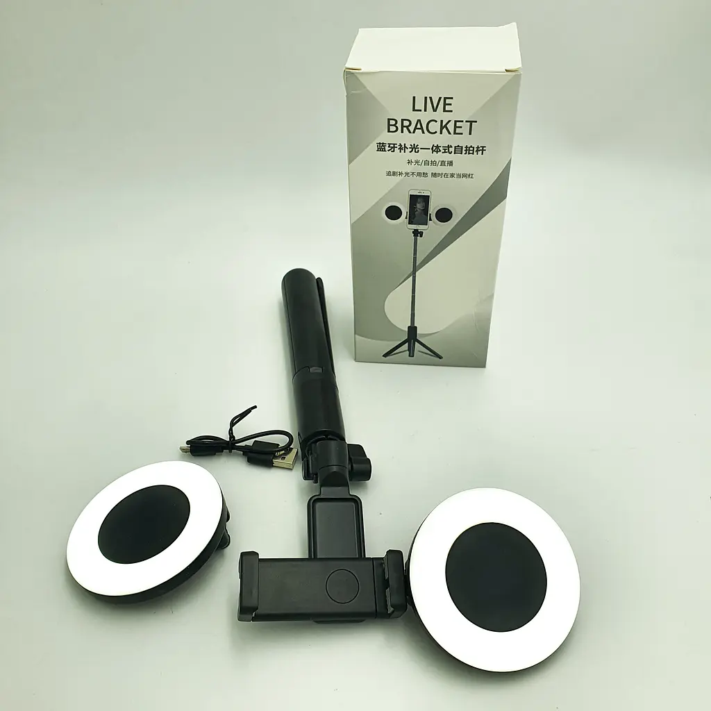 Монопод штатив для селфі Bluetooth тринога 19-70 см з LED підсвічуванням 2x8см кільця LIVE BRACKET J861 чорний - фото 6