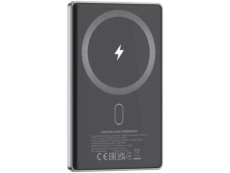 Зовнішній акумулятор (Power Bank) Canyon OnCharge 505 slim 5000mAh 20W Dark Grey (CNS-CPB505DG) - фото 4