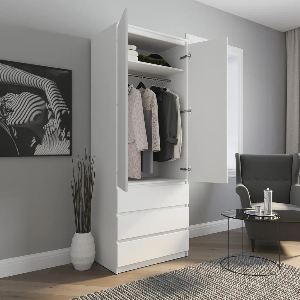 Шафа для одягу Vays R-9 Дуб Сонома-Білий фасад, 3 шухляди, штанга, без ручок, ЛДСП, 80×50×211 см – для спальні, вітальні, передпокою - фото 2