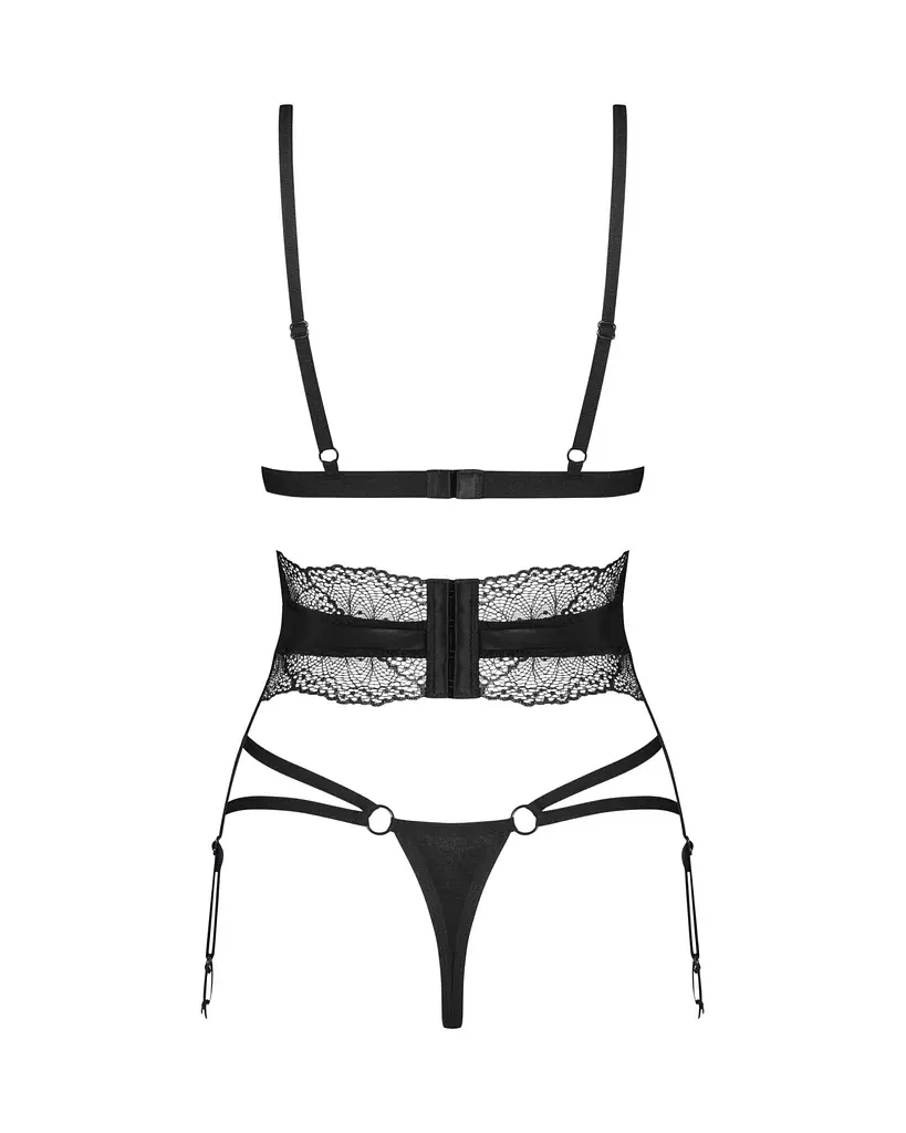 Комплект Obsessive Lobellis 3-pcs set, M/L, чорний, ліф з м’якою чашкою, стрінги, пояс для панчіх - фото 4