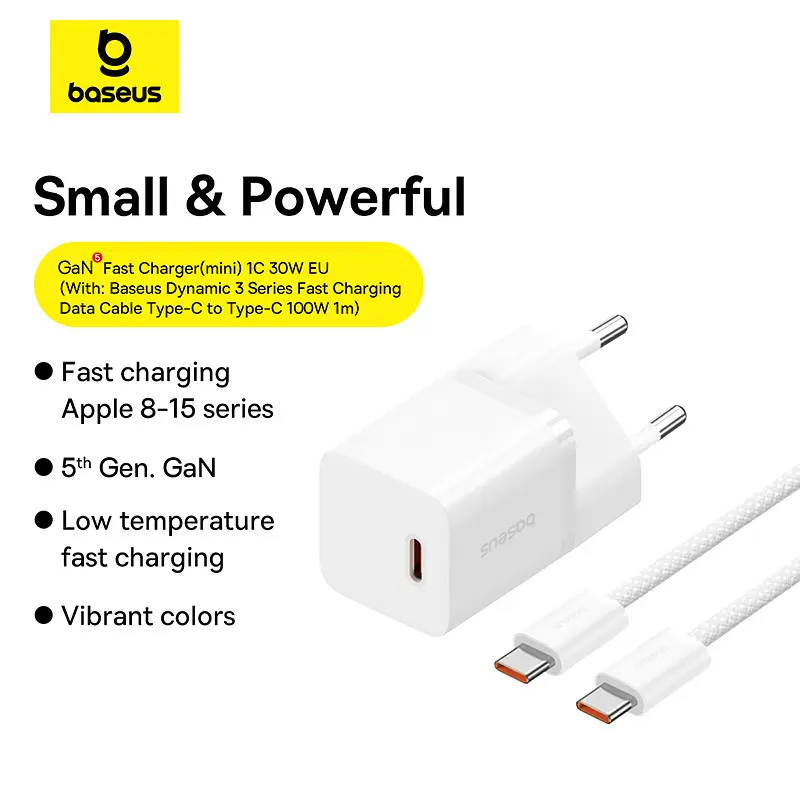 Мережевий зарядний пристрій з кабелем Baseus GaN5 Fast Charger(mini) 1C 30W EU Moon White(With: Fast Charging Data Cable Type-C) (P10110902213-00) - фото 9