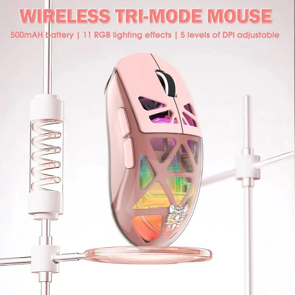 Компьютерная мышка Onikuma беспроводная игровая CW-930 Pro с подсветкой RGB и 3 режимами подключения для ПК и игр розовый - фото 6