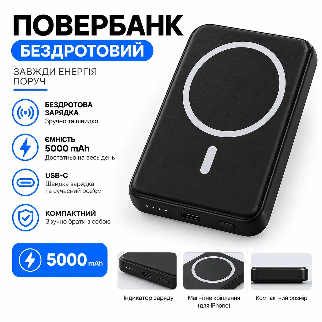 Магнітний повербанк 5000 мА·год MagSafe для iPhone та Android. Чорний - фото 4
