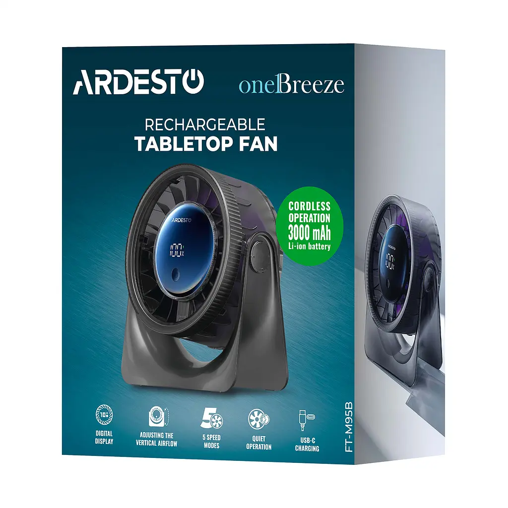 ARDESTO Вентилятор FT-M95B настільний, 12см, дисплей, аккумулятор, USB-A Type-C, сірий - фото 8