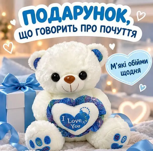 Іграшка м'яка ведмедик із серцем I Love You плюшевий ведмідь подарунок дівчині біла - фото 2