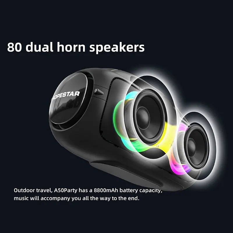Бездротова акумуляторна Bluetooth колонка BT5.0 бумбокс 80W TWS AUX/TF/USB 8h IPX5 LED RGB підсвічування Hopestar A50 Party - фото 7