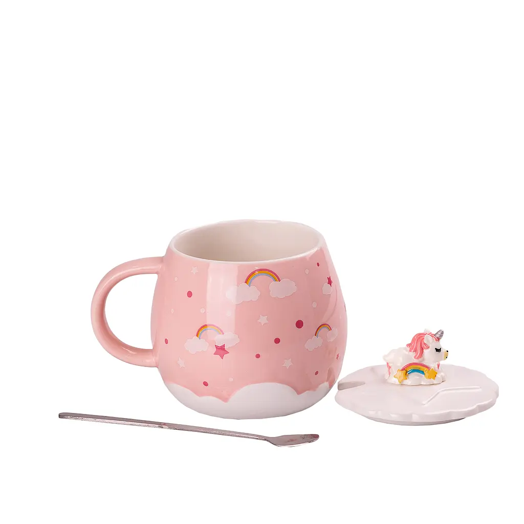 Чашка керамічна Happy Life Rainbow з кришкою та ложкою рожева 500 мл HPCY8278P - фото 2
