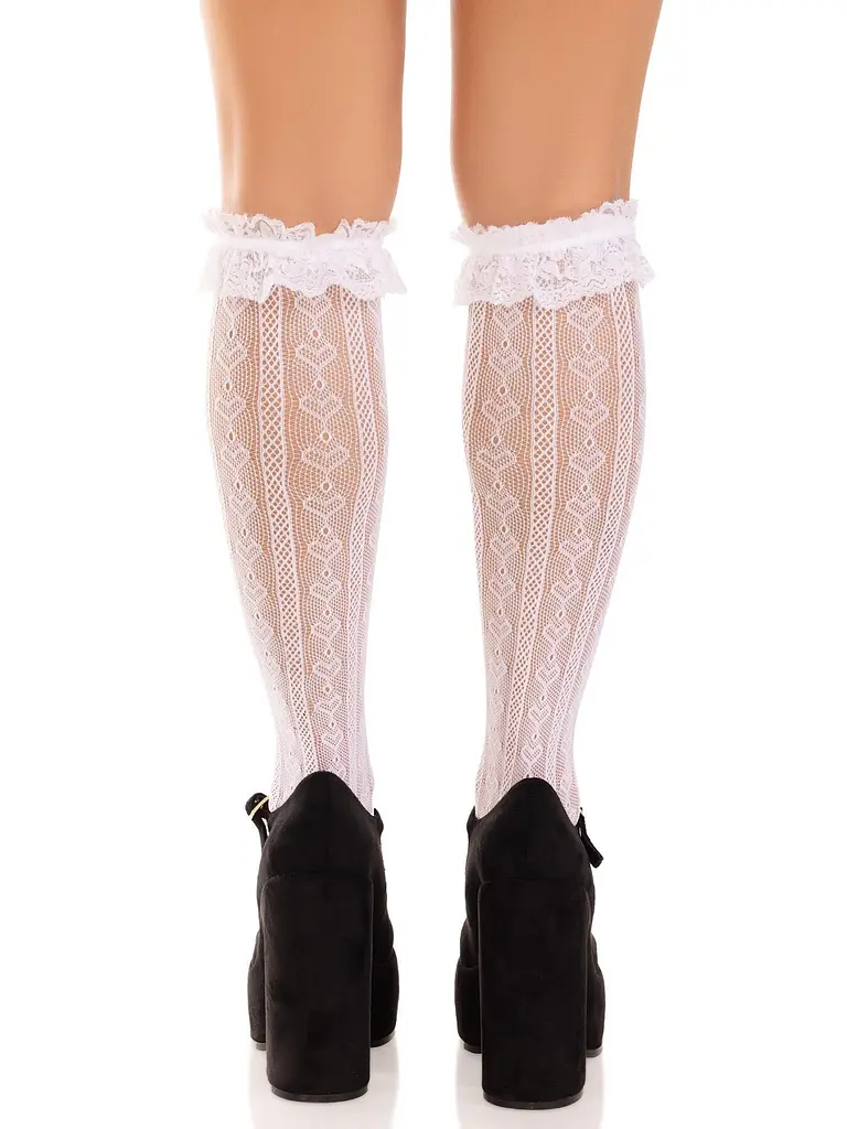 Гольфи ажурні Leg Avenue Sweetheart Ruffle Cuff Knee Highs, білі, малюнок-сердечка - фото 4