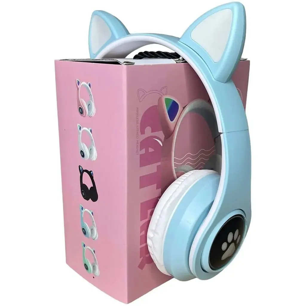 Навушники бездротові Opt-Top Cat ear В39М FM-радіо MicroSD Bluetooth з вушками та підсвічуванням блакитні (1756375771) - фото 4