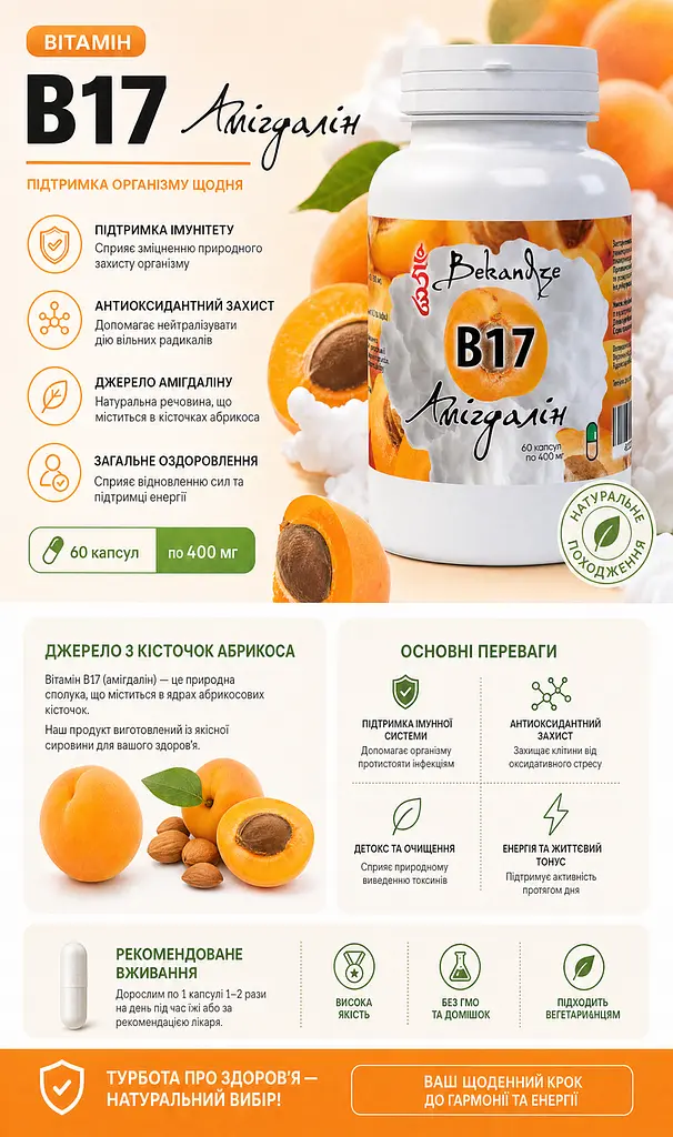 Амигдалин B17 400 мг, 60 капсул — экстракт ядер абрикоса 10:1 в капсулах, растительная добавка для ежедневного рациона - фото 6