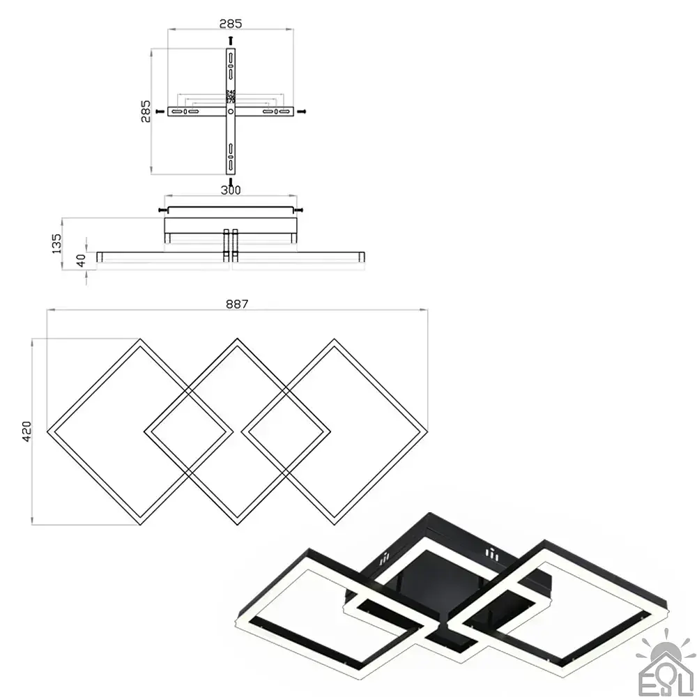 Смарт люстра керована світлодіодна SQUARE 3S 90 Вт 887x420x135 мм Чорна ESLLSE - фото 8