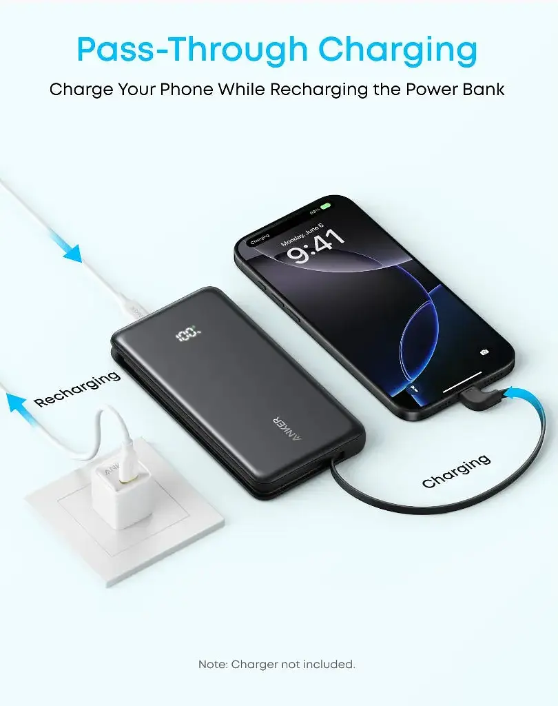 Портативний зарядний пристрій - 10000 mAh 22.5W Built-In USB-C Cable Black Anker teh0027049 - фото 3