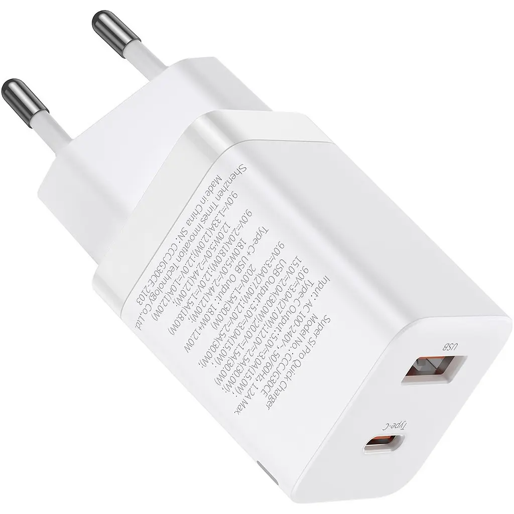 Мережевий зарядний пристрій Baseus Super Si Pro 30W USB-C + USB-A White (CCSUPP-E02) [69676] - фото 4