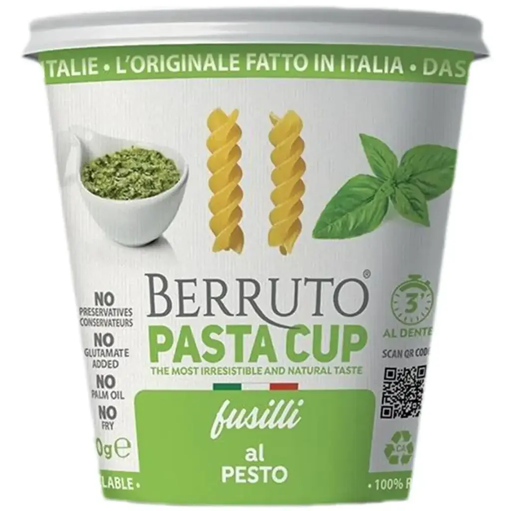Макарони швидкого приготування Berruto pasta cup фузиллі із соусом песто 70г.