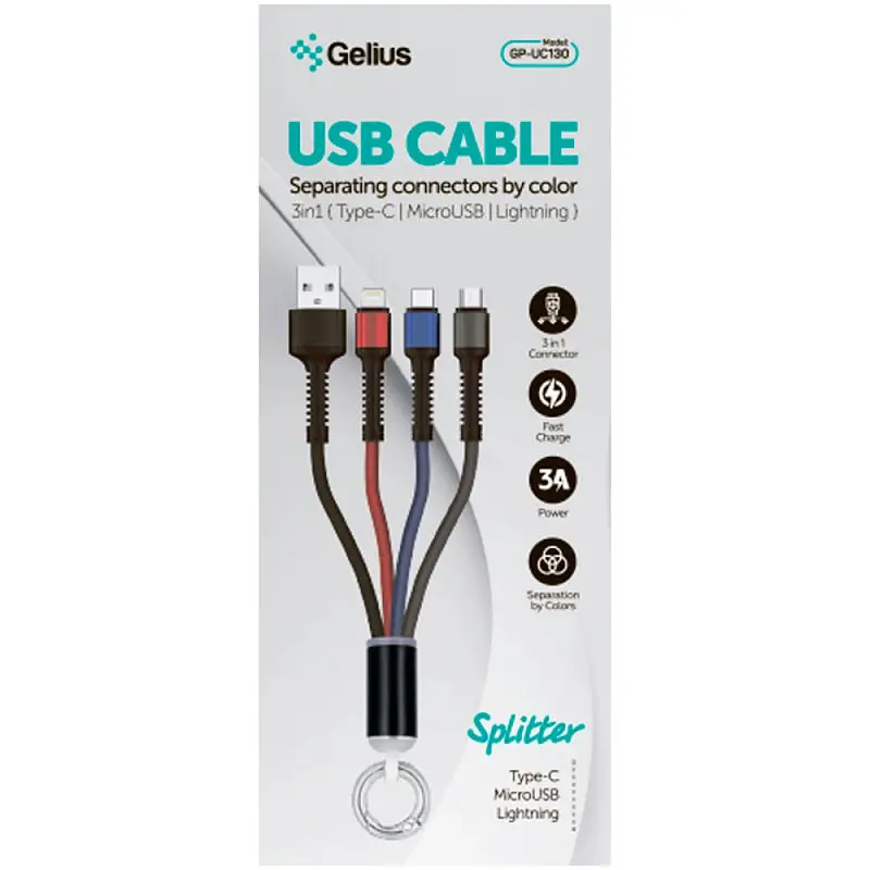Кабель 3в1 USB-Lightning-MicroUSB-Type-C Gelius Splitter Pro 3in1 GP-UC130 Black - фото 2