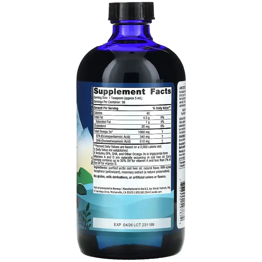 Рыбий жир из печени трески Nordic Naturals Arctic Cod Liver Oil Арктический 1060 мг 473 мл вкус апельсина (NOR-54787) - фото 2