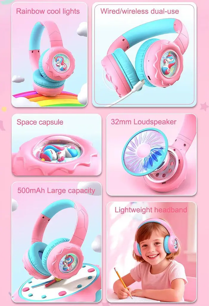 Дитячі бездротові навушники з єдинорогом Onikuma B-75 з Bluetooth 5.4, RGB підсвіткою Рожеві - фото 14
