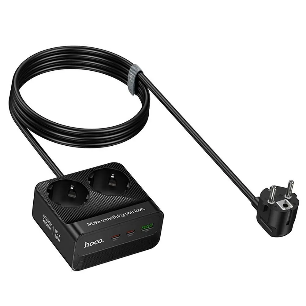 Мережевий зарядний пристрій подовжувач Hoco AC27 USB/2 Type-C PD 30W 2 розетки 2m чорний - фото 4