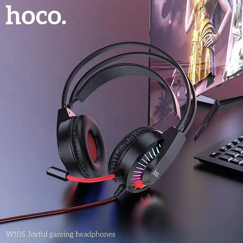 Наушники игровые с подсветкой Hoco W105 LED Joyful Gaming Headphones черно красные - фото 3