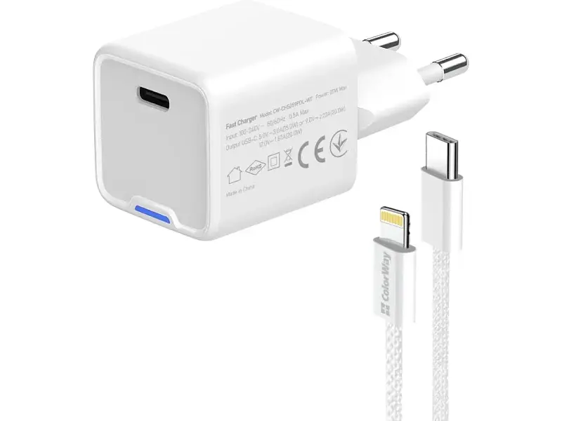 Мережевий зарядний пристрій ColorWay GaN Mini 20 W + кабель Lightning White (CW-CHS059PDL-WT) - фото 2