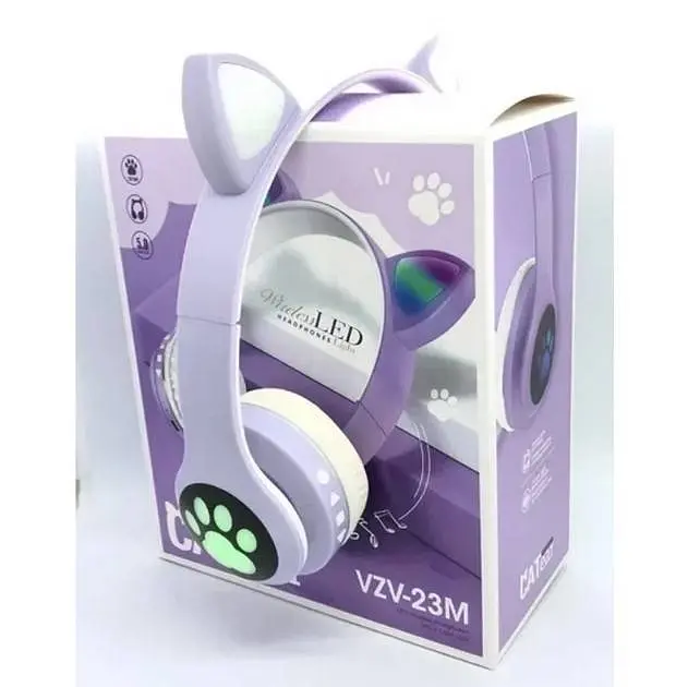 Повнорозмірні навушники бездротові No Brand Cat Headset M23 Bluetooth з RGB підсвічуванням та котячими вушками Purple - фото 2