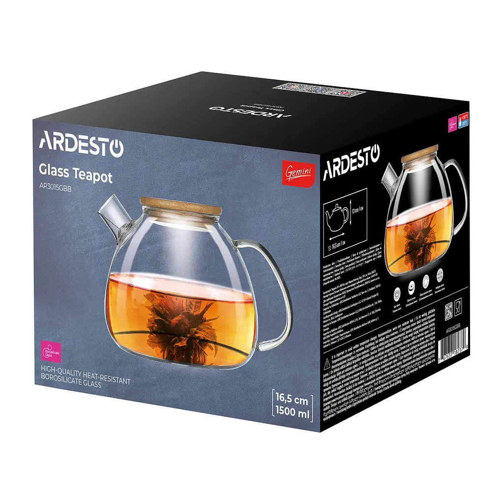 ARDESTO Заварник Ardesto Gemini Bubble 1500мл, боросилікатне скло, бамбук, прозрачний - фото 2