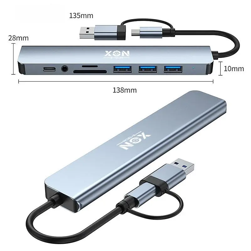 USB-хаб XON SmartHub 9 в 1 (Ethernet, SD/TF, 2xUSB2.0, 2xUSB3.0, Type-C, 3.5 Audio) Сірий (UHCHP093322G 5238) - фото 2