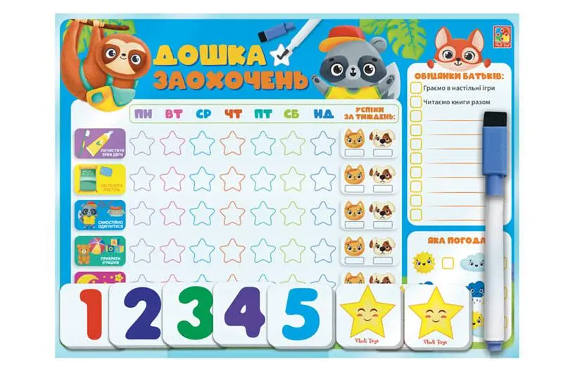 Магнітний планер VladiToys Дошка заохочень для дітей 3+ з маркером та магнітними цифрами (VT3601-24)