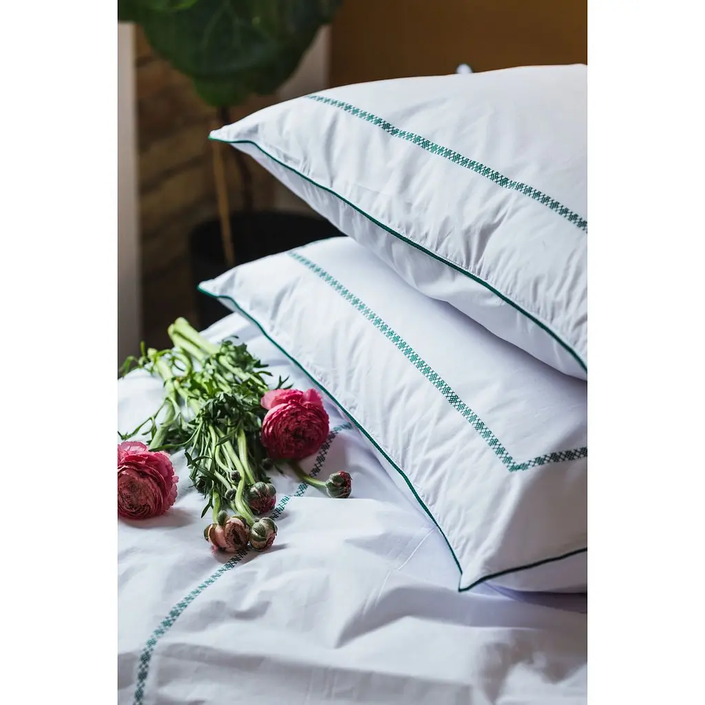 Комплект постельного белья Ecotton Premium евро перкаль вышивка с зеленым кантом (25139) - фото 5