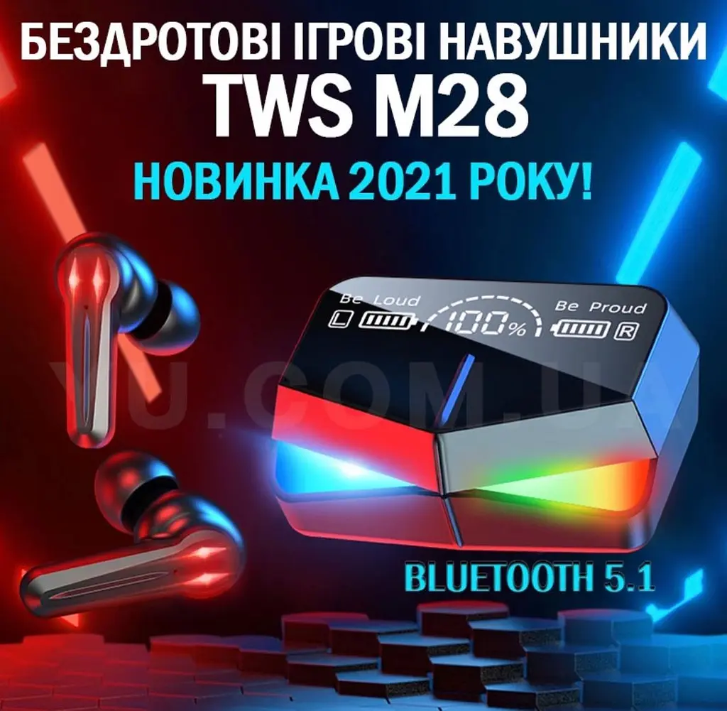 Бездротові ігрові навушники TWS M28/ Навушники із зарядним кейсом, мікрофоном і сенсорами/ Навушники геймерські - фото 5