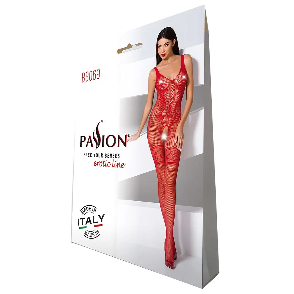 Бодістокінг Passion BS069 red, комбінезон, імітація панчох і боді - фото 5