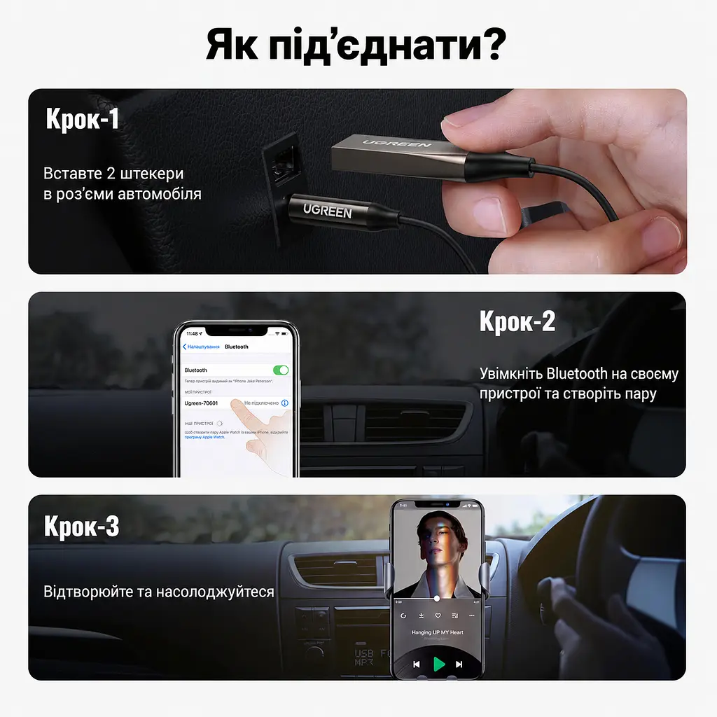 Автомобільний аудіоприймач UGREEN CM309 Bluetooth 6.0 аудіовихід AUX 3,5 мм потрібне живлення через USB-A з мікрофоном для гучного зв'язку підключення 2 пристроїв із відтворенням з одного автоматичне повторне підключення кодеки SBC/AAC спіральний кабель до 1,5 м дальність до 10 м без перешкод чорний (70601) - фото 2