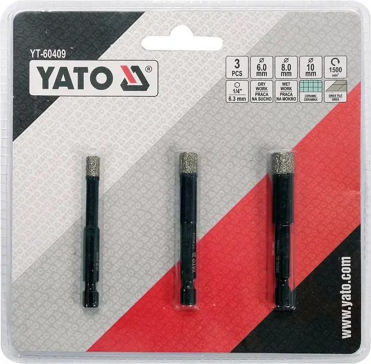 Сверла с алмазным пругом Yato Ø=6-8-10 мм l=65/10 мм с 6-гранным шпинделем 1/4" 3 шт. (YT-60409) - фото 3