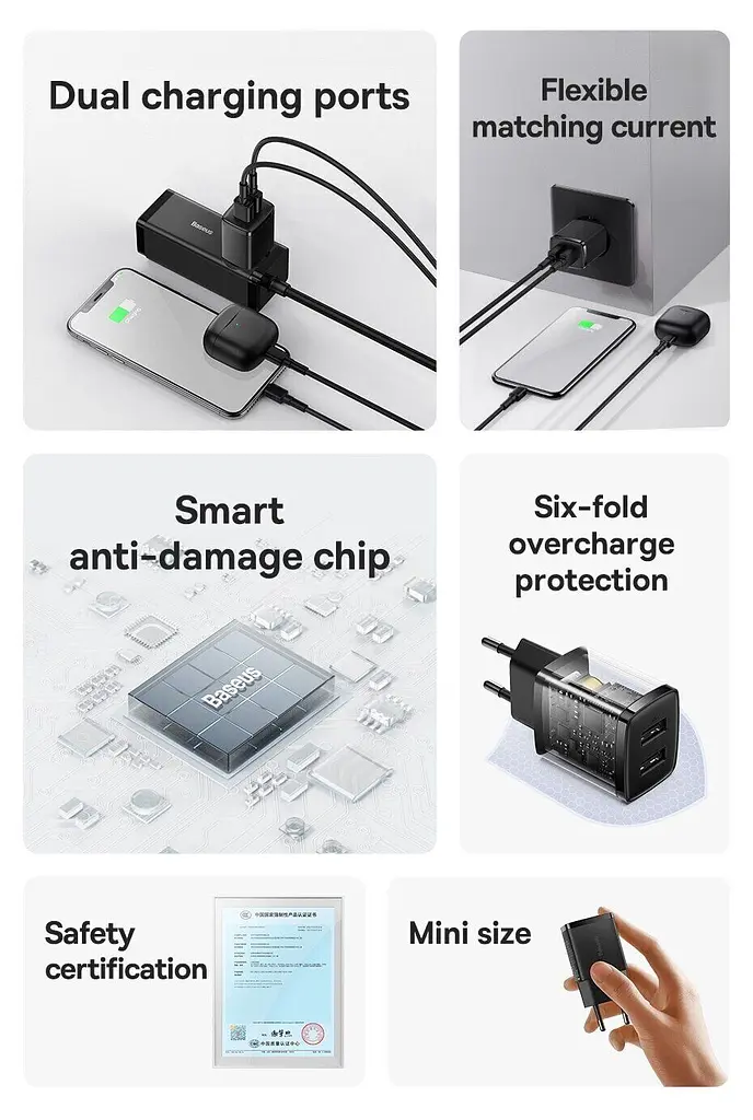 Мережевий зарядний пристрій Baseus Compact Charger 2U 10.5W Black (CCXJ010201) [74461] - фото 7