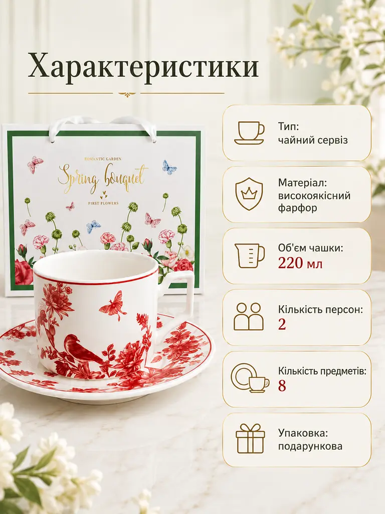 Чайний сервіз із порцеляни 8 предметів на 2 персони у подарунковій упаковці білий з червоним візерунком (37261979) - фото 4