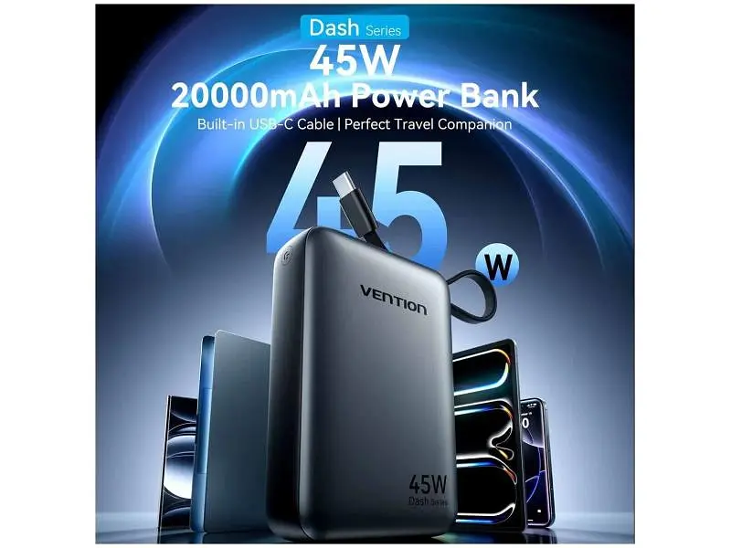 Зовнішній акумулятор (Power Bank) Vention 20000mAh 45W Mini with Built-in USB-C Gray (FHGH0) - фото 2