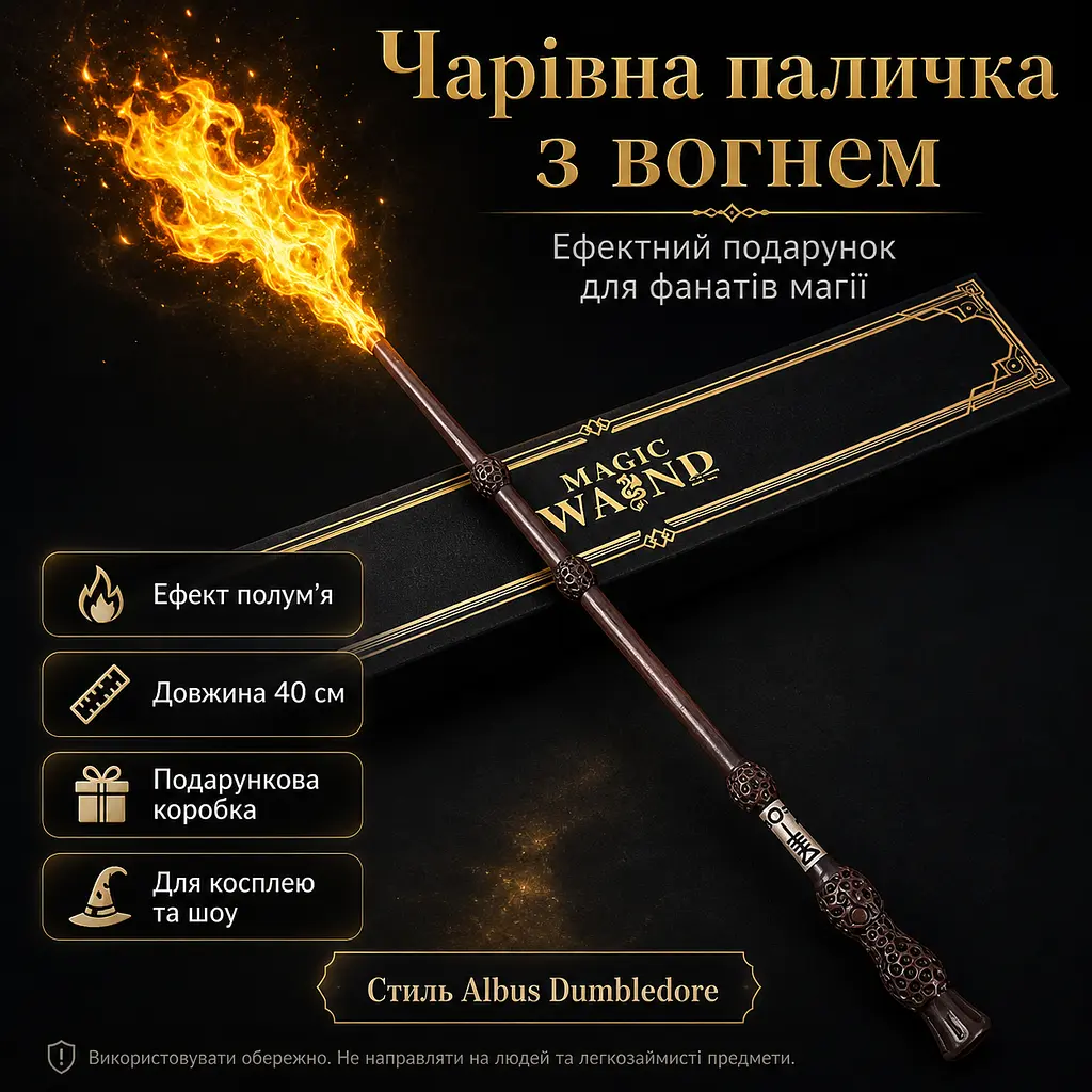 Магічна паличка з вогнем Albus Dumbledore FW1 40 см, чарівна паличка в стилі Гаррі Поттера, що стріляє вогнем, подарунковий набір - фото 2