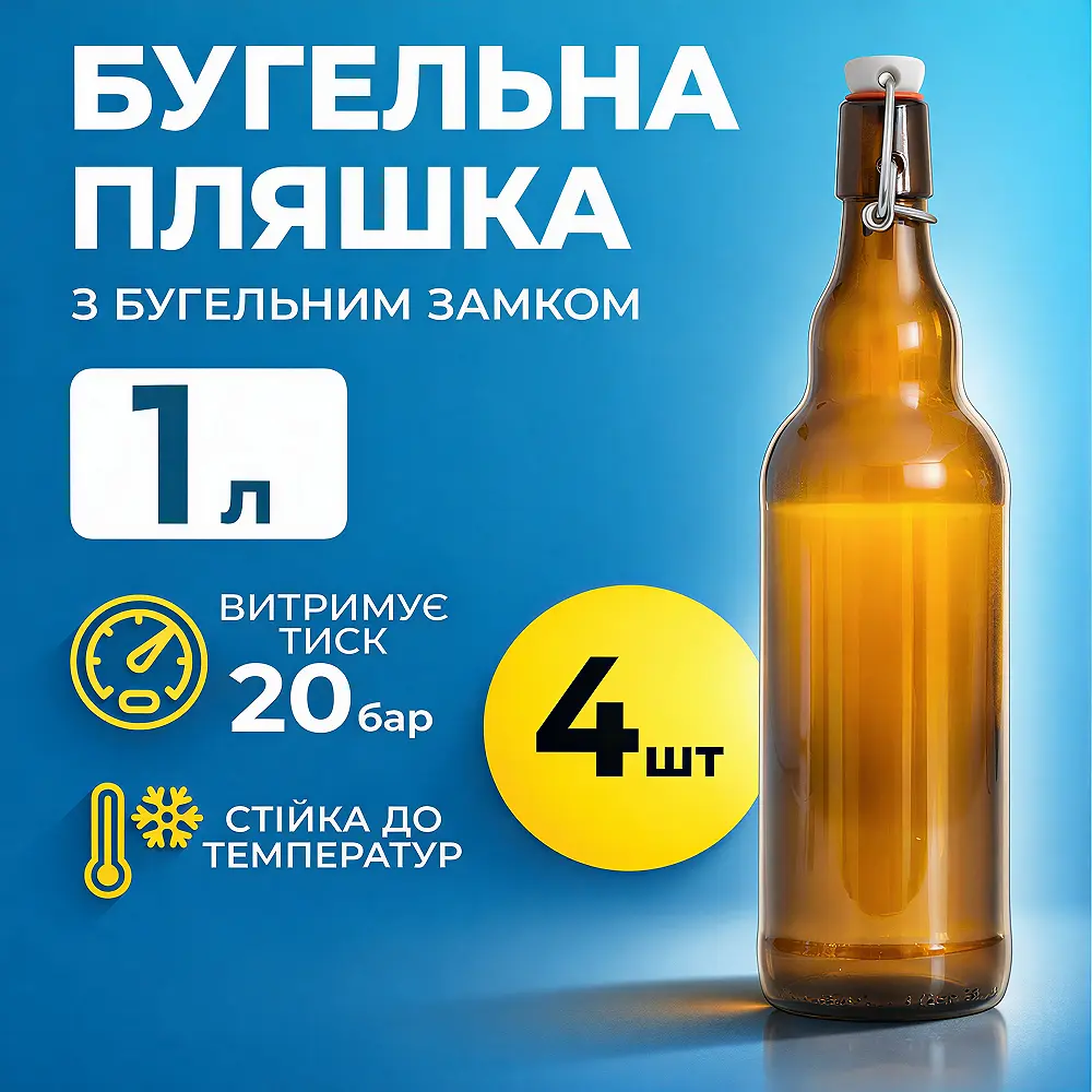 Пляшка Бугельна 1 л (скло) коричнева 4 шт - фото 2