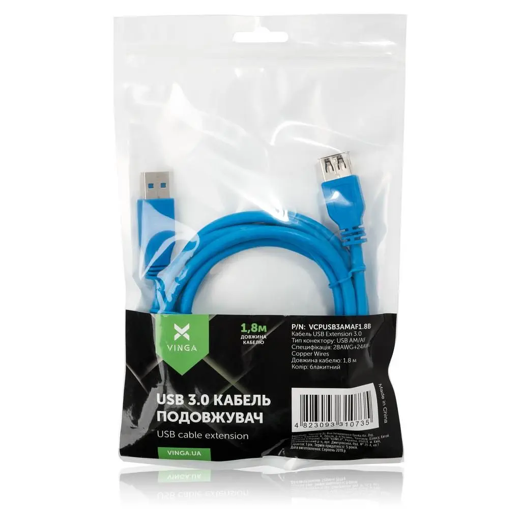 Дата кабель USB 3.0 AM/AF 1.8m Vinga (VCPUSB3AMAF1.8B) - фото 3