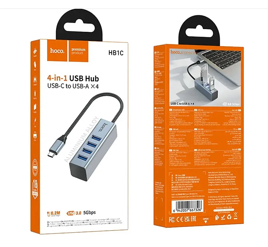 Адаптер Hoco HB1C Type-C-to-4USB3.0 серый - фото 2
