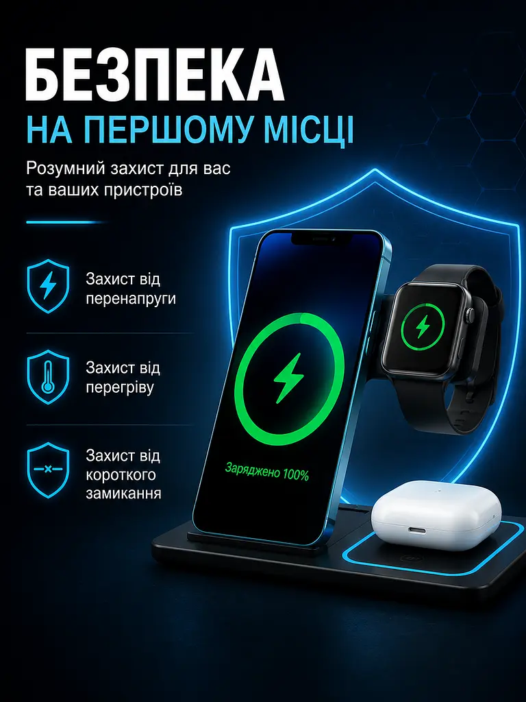 Бездротова зарядна станція 3 в 1 15 W для iPhone, Apple Watch і AirPods чорна (49675896) - фото 5